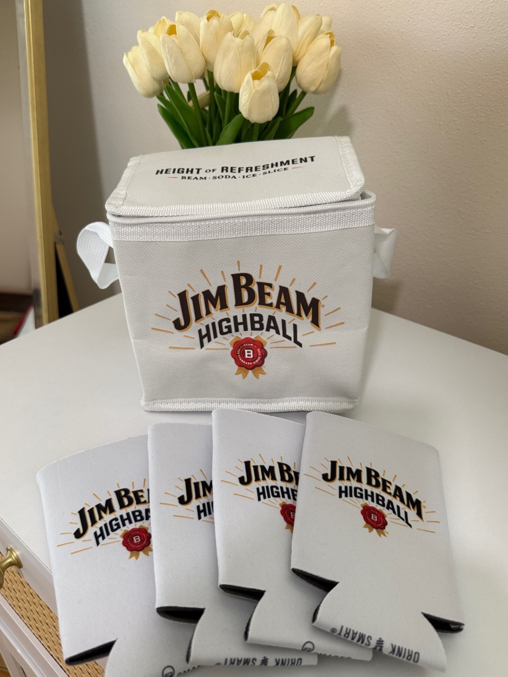 Jim Beam Highball Cooler and 4 Can Koozies - White